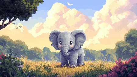 8-bit chibi baby elephant in a calm adventure game scene, front view, with a dreamy heather field and vintage game UIの素材