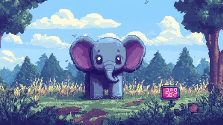 Front view of a small chibi elephant in pixel form, in a fantasy heather landscape with a retro game score displayの素材