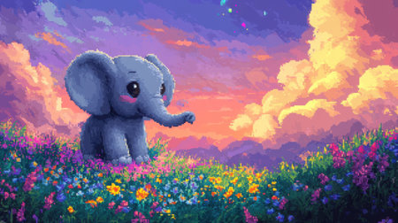 Chibi baby elephant in 8-bit pixel art, standing happily in a magical heather field with a colorful Nintendo-style backdropの素材
