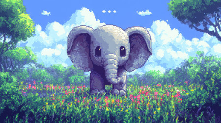 Front view of a small chibi elephant in pixel form, in a fantasy heather landscape with a retro game score displayの素材