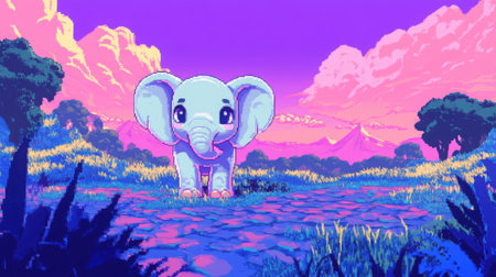 Screenshot from a retro Nintendo-style game with a chibi elephant character, front view, on heather terrain with a pastel skyの素材
