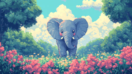 Pixel art chibi elephant, front-facing, standing in a serene heather meadow, soft colors and vintage Nintendo game layoutの素材