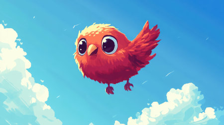 Chibi baby bird with wide eyes, front view in 8-bit pixel art, floating in a vivid blue sky, nostalgic Nintendo-style game layoutの素材