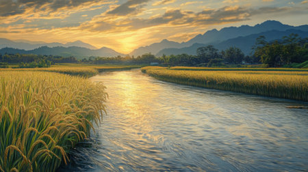 Serene farmland scene with rippling rice fields, rustling ears of grain, and a tranquil river glowing at duskの素材