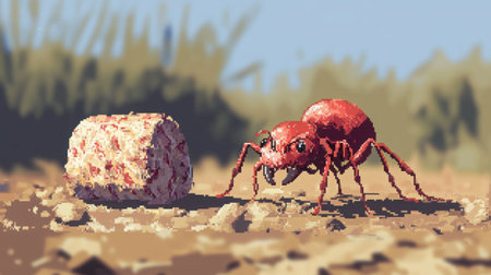 Pixel game scene of a cute baby ant, front-facing, crawling near a candy wrapper on dry ground, Nintendo-style sprite designの素材
