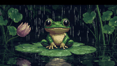8-bit baby frog in pixel art, front-facing, enjoying the rain on a lotus leaf in a calm pond, stylized like a Nintendo adventure gameの素材