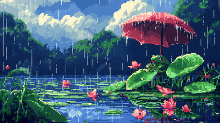 8-bit pixel art frog in front view, under a pixel umbrella leaf in the middle of a rainy lotus pond, Nintendo platformer styleの素材