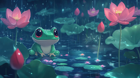 Chibi baby frog, front-facing, surrounded by blooming lotuses and pixel raindrops in a misty pond, Nintendo-inspired 8-bit game screenの素材