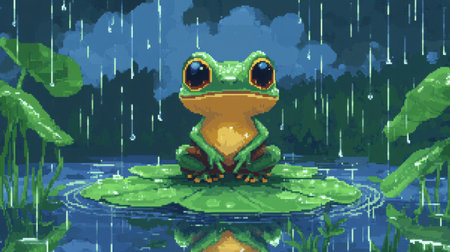 8-bit pixel art of a chibi baby frog, front view, sitting on a lotus leaf in a rainy pond, raindrops splashing around, Nintendo-style game screenshotの素材