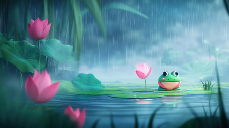 Front-facing 8-bit chibi frog in a peaceful lotus pond, rain creating soft ripples and mist, Nintendo-style game backgroundの素材