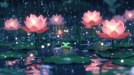 Front-facing chibi frog in a rainy lotus pond, pixel water droplets falling gently, bright lotus flowers glowing, Nintendo-styleの素材