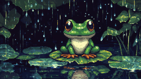 8-bit pixel art of a chibi baby frog, front view, sitting on a lotus leaf in a rainy pond, raindrops splashing around, Nintendo-style game screenshotの素材