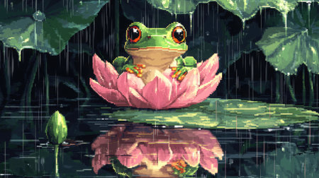 Baby frog in 8-bit style, front view, resting on a pink lotus bloom in the rain, pond reflections shimmering, Nintendo game artの素材
