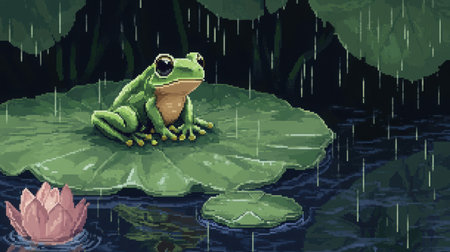 Front-facing pixel baby frog on a large lotus pad, gentle rain falling into the pond, creating ripples, Nintendo pixel art game vibeの素材