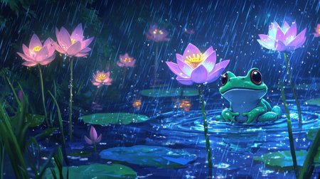 Front-facing chibi frog in a rainy lotus pond, pixel water droplets falling gently, bright lotus flowers glowing, Nintendo-styleの素材