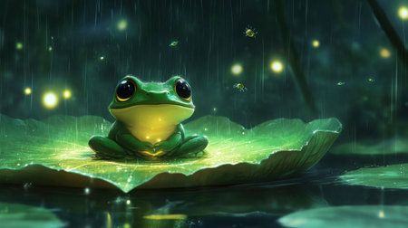 Chibi baby frog front-facing, floating on a big lotus pad with rain falling and small pixel bugs flying above, Nintendo aestheticの素材