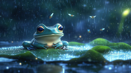 Chibi baby frog front-facing, floating on a big lotus pad with rain falling and small pixel bugs flying above, Nintendo aestheticの素材