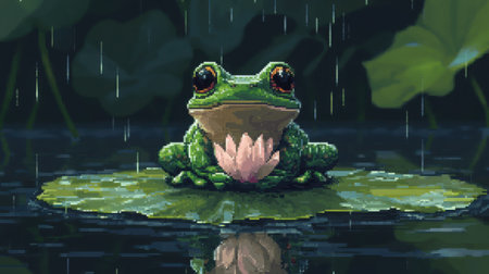 8-bit baby frog in pixel art, front-facing, enjoying the rain on a lotus leaf in a calm pond, stylized like a Nintendo adventure gameの素材