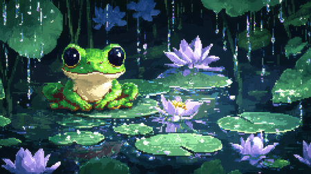 Front view of a chibi baby frog in 8-bit pixel art, cozy in a rainy lotus pond scene, surrounded by pixel droplets and lily padsの素材