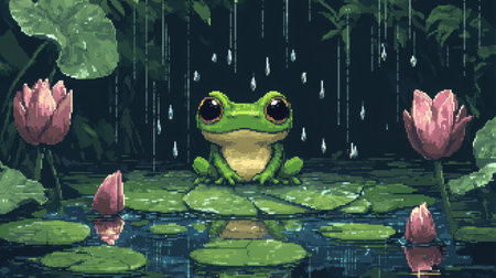 Front view of a chibi baby frog in 8-bit pixel art, cozy in a rainy lotus pond scene, surrounded by pixel droplets and lily padsの素材