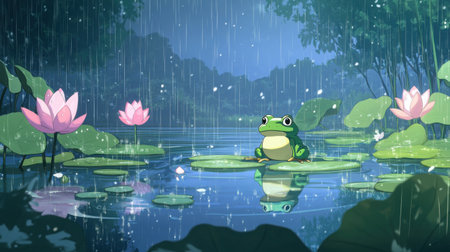 Front-facing 8-bit chibi frog in a peaceful lotus pond, rain creating soft ripples and mist, Nintendo-style game backgroundの素材