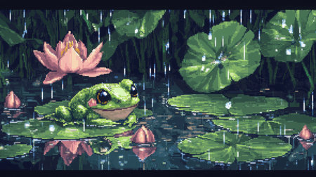 Front view of a chibi baby frog in 8-bit pixel art, cozy in a rainy lotus pond scene, surrounded by pixel droplets and lily padsの素材