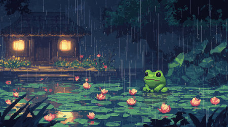 Game screenshot of a front-facing chibi frog in pixel art, sitting peacefully during a soft rainstorm over a lotus pond, Nintendo-styleの素材