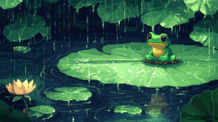 Front-facing pixel baby frog on a large lotus pad, gentle rain falling into the pond, creating ripples, Nintendo pixel art game vibeの素材