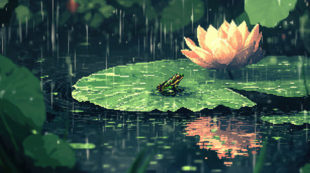 Front-facing pixel baby frog on a large lotus pad, gentle rain falling into the pond, creating ripples, Nintendo pixel art game vibeの素材