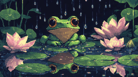 Front view of a chibi baby frog in 8-bit pixel art, cozy in a rainy lotus pond scene, surrounded by pixel droplets and lily padsの素材