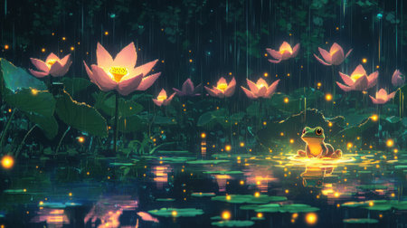 Rainy lotus pond background with a baby frog front-facing in pixel art, glowing pixel rain and lotus blossoms, Nintendo vibeの素材
