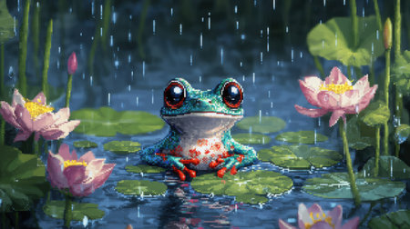 Nintendo-inspired pixel baby frog, front view, hopping between lotus leaves in the rain, pond background full of splashesの素材