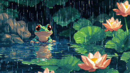 Pixel game screenshot of a baby frog, front-facing, rain falling over a serene lotus pond, soft lighting and reflections, Nintendo-inspiredの素材