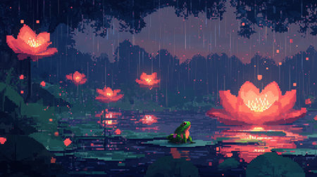 Rainy lotus pond background with a baby frog front-facing in pixel art, glowing pixel rain and lotus blossoms, Nintendo vibeの素材