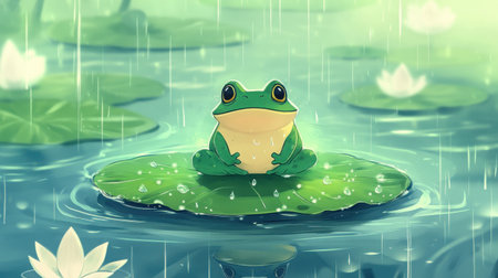 Pixel chibi frog front-facing, enjoying raindrops on a floating lotus pad, with soft ripples across the water, Nintendo-style gameの素材