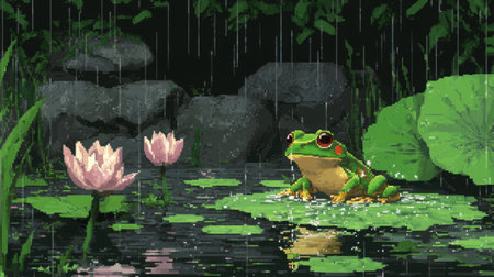 Retro game screenshot with a baby frog, front view, splashing in a lotus pond as rain pours down, Nintendo pixel lookの素材