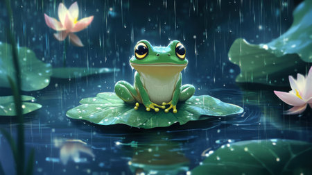 Nintendo-style chibi frog, front view, perched on a leaf floating in a rainy pixel pond, with lotus blossoms nearbyの素材