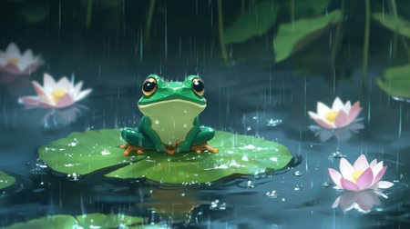 Nintendo-style chibi frog, front view, perched on a leaf floating in a rainy pixel pond, with lotus blossoms nearbyの素材