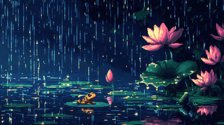Rainy lotus pond background with a baby frog front-facing in pixel art, glowing pixel rain and lotus blossoms, Nintendo vibeの素材