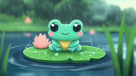 Pixel chibi frog front-facing, enjoying raindrops on a floating lotus pad, with soft ripples across the water, Nintendo-style gameの素材
