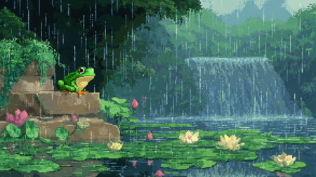 Pixel game screenshot of a baby frog, front-facing, rain falling over a serene lotus pond, soft lighting and reflections, Nintendo-inspiredの素材