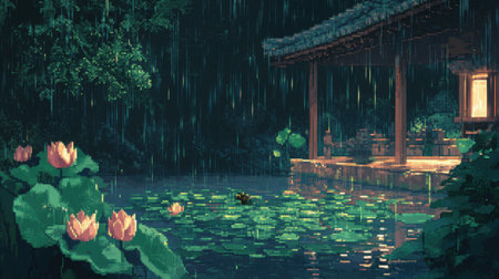 Pixel game screenshot of a baby frog, front-facing, rain falling over a serene lotus pond, soft lighting and reflections, Nintendo-inspiredの素材
