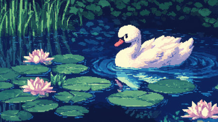 8-bit pixel art of a chibi baby swan floating gently on a blue pond with lily pads, front view, classic Nintendo game screenshot styleの素材