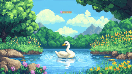 8-bit chibi swanling game mockup, HUD health bar at top, swan centered on pond with pixelated nature sceneの素材