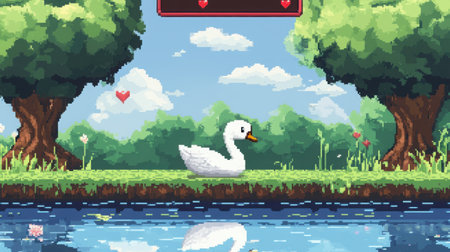 8-bit chibi swanling game mockup, HUD health bar at top, swan centered on pond with pixelated nature sceneの素材