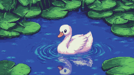 8-bit pixel art of a chibi baby swan floating gently on a blue pond with lily pads, front view, classic Nintendo game screenshot styleの素材