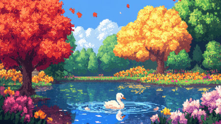Chibi baby swan pixel character swimming toward the screen, in front of a pond with pixel trees and flowers, NES vibeの素材