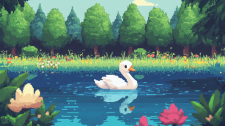 Chibi baby swan pixel character swimming toward the screen, in front of a pond with pixel trees and flowers, NES vibeの素材