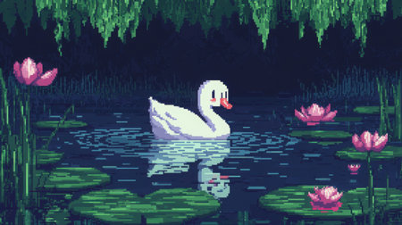 Cute 8-bit chibi swanling on water, front-facing, surrounded by pixel lily pads, retro video game HUD visibleの素材