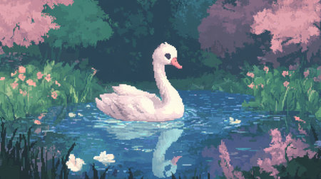 Front-facing baby swan in pastel pond environment, pixelated chibi character with cute blush, NES game styleの素材